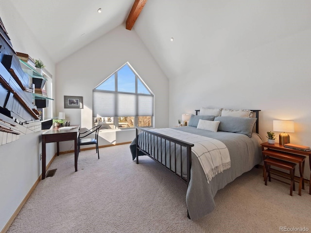 carpeted bedroom featuring beamed ceiling, visible vents, high vaulted ceiling, and baseboards