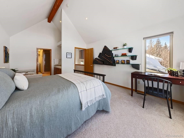 bedroom with beam ceiling, carpet flooring, high vaulted ceiling, and baseboards