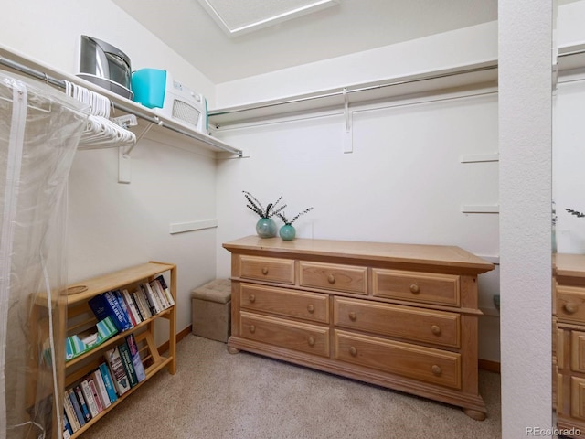 spacious closet featuring light carpet