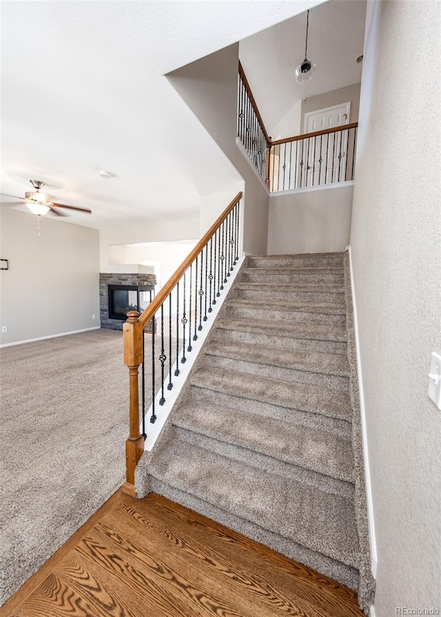 stairs featuring ceiling fan and hardwood / wood-style flooring