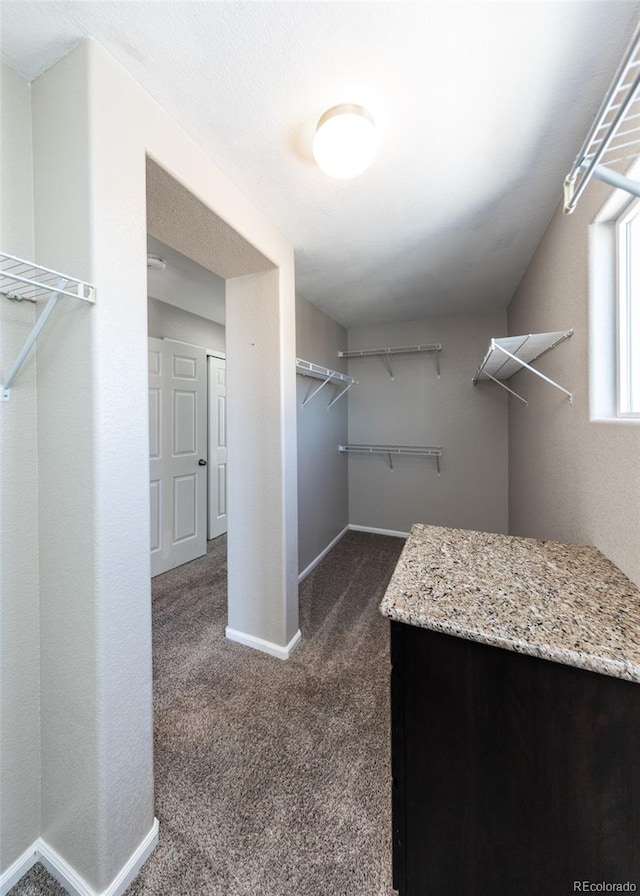 spacious closet featuring dark colored carpet