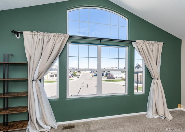 interior space featuring vaulted ceiling and carpet flooring