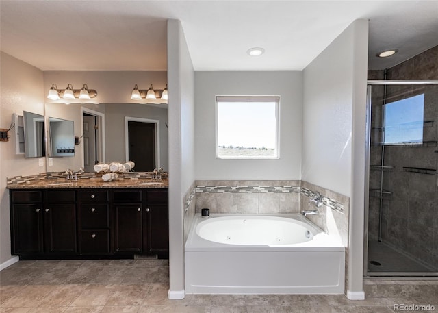 bathroom with vanity and plus walk in shower