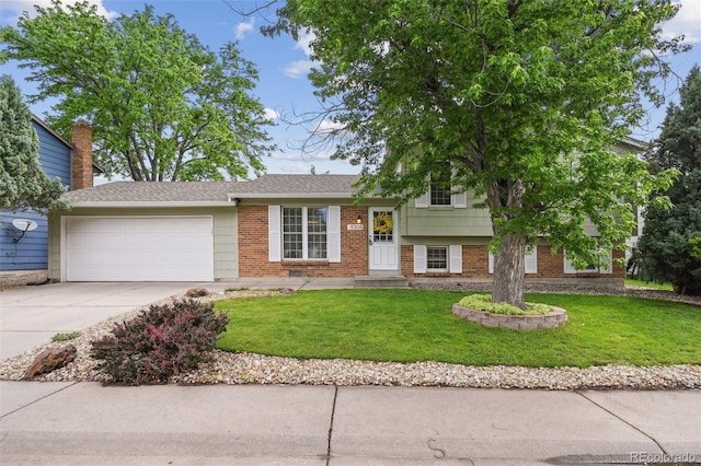 9306 Garrison Dr, Broomfield, CO 80021 - tri-level home with concrete driveway, a garage, brick siding, and a front lawn