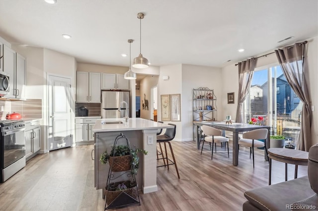 kitchen with backsplash, stainless steel appliances, a center island with sink, light hardwood / wood-style floors, and hanging light fixtures