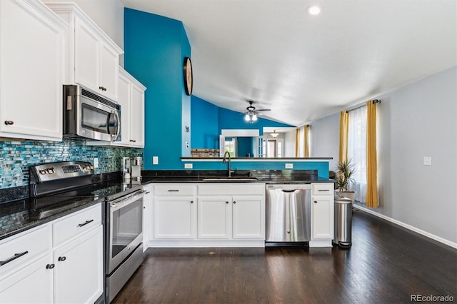 10288 Olathe Way, Commerce City, CO 80022 - kitchen featuring stainless steel appliances, lofted ceiling, dark wood-style floors, a peninsula, and decorative backsplash