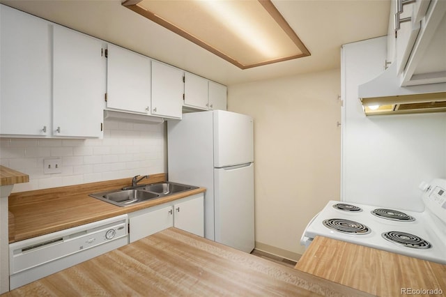 kitchen featuring a sink, tasteful backsplash, white appliances, white cabinets, and light countertops