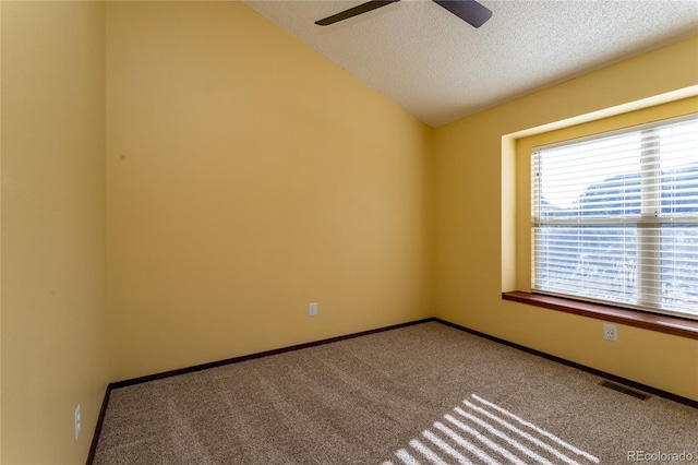 empty room with lofted ceiling, carpet flooring, and a textured ceiling