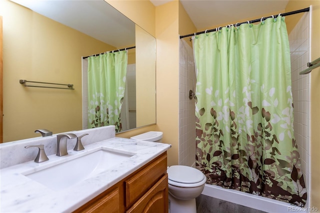 bathroom with wood-type flooring, toilet, vanity, and a shower with curtain