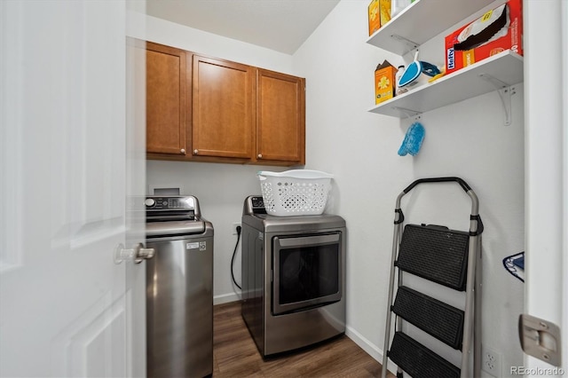 27957 E 9th Dr, Aurora, CO 80018 - laundry area featuring cabinet space, washing machine and dryer, dark wood finished floors, and baseboards