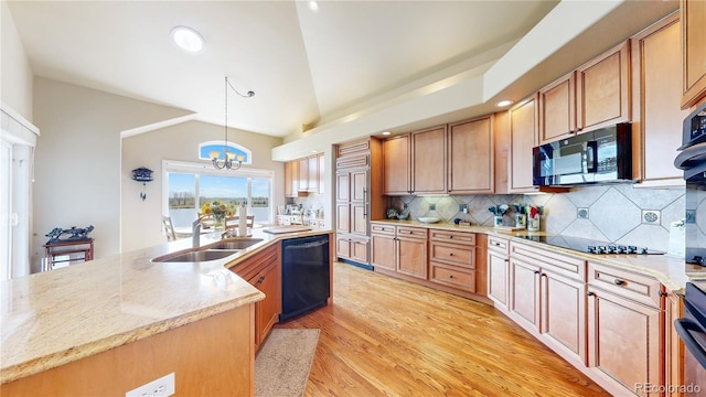 kitchen with tasteful backsplash, vaulted ceiling, light wood-type flooring, a sink, and black appliances