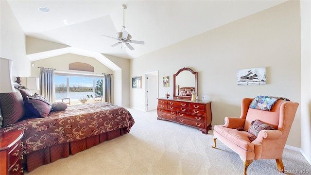 carpeted bedroom featuring a water view, access to outside, ceiling fan, and lofted ceiling