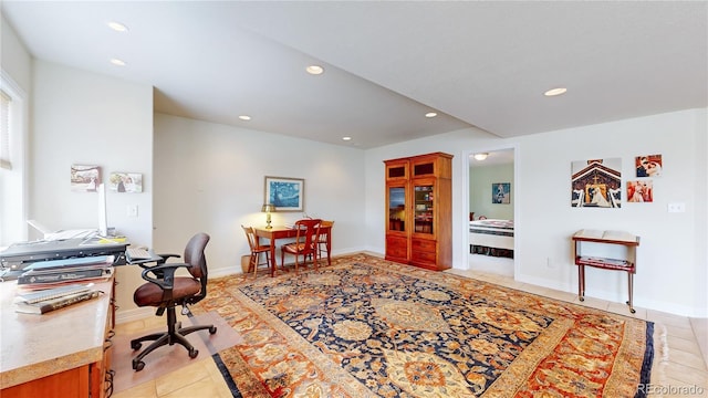 home office featuring baseboards, recessed lighting, and light tile patterned flooring