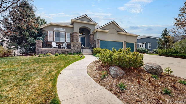 view of front of home with a garage, stucco siding, a porch, a front yard, and concrete driveway
