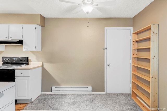 8100 W Quincy Ave Unit K3, Littleton, CO 80123 - kitchen featuring a baseboard heating unit, under cabinet range hood, black electric range, ceiling fan, and white cabinetry