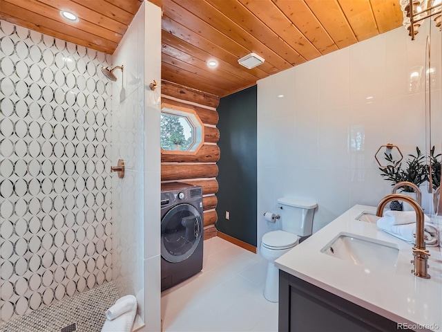 bathroom with a shower, washer / dryer, vanity, toilet, and wooden ceiling