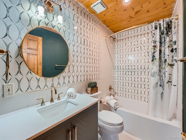 full bathroom featuring toilet, vanity, wooden ceiling, and shower / bath combo with shower curtain