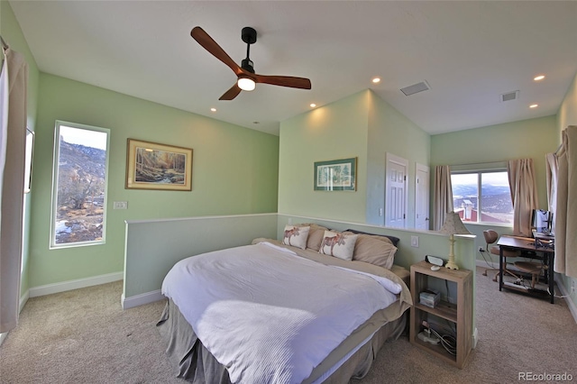 carpeted bedroom with ceiling fan