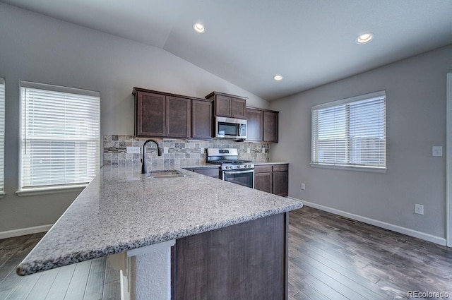 kitchen featuring lofted ceiling, dark wood-type flooring, stainless steel appliances, and a healthy amount of sunlight