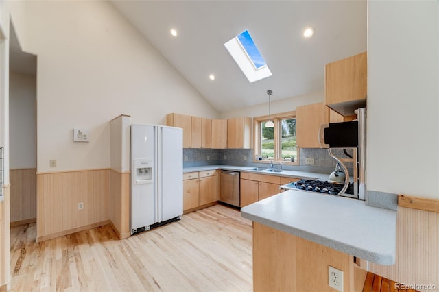 1002 County Road 99, Black Hawk, CO 80422 - kitchen featuring stainless steel appliances, light brown cabinets, a skylight, light wood-type flooring, and wainscoting