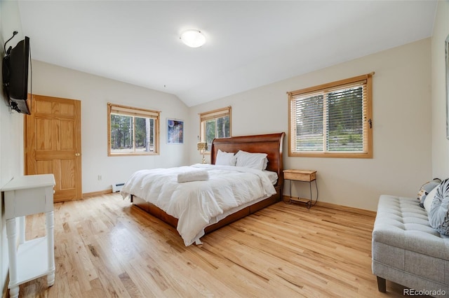 1002 County Road 99, Black Hawk, CO 80422 - bedroom featuring light wood-style floors, baseboards, lofted ceiling, and a baseboard heating unit