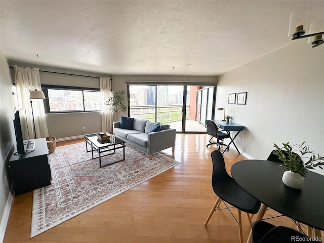 living room featuring a textured ceiling and light hardwood / wood-style floors