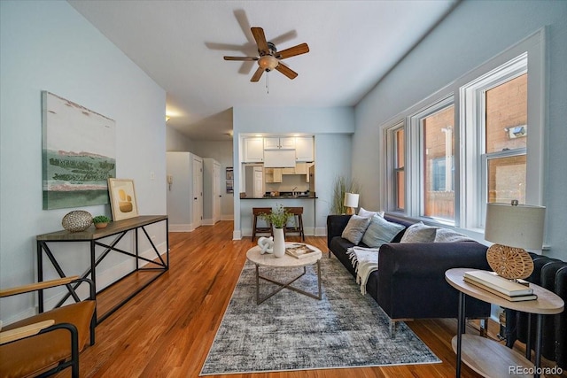 living room featuring ceiling fan and wood-type flooring