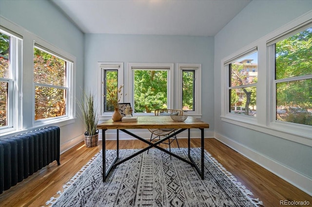 home office with radiator, light wood-type flooring, and plenty of natural light