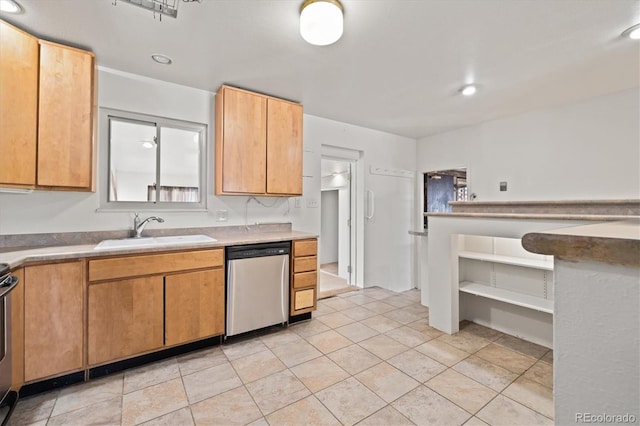 kitchen with open shelves, light countertops, range, stainless steel dishwasher, and a sink