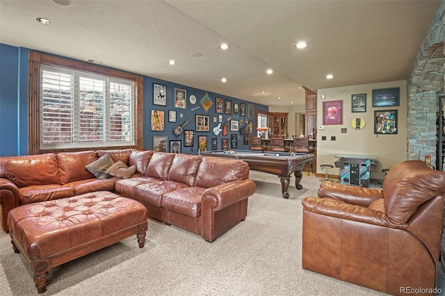 carpeted living room with billiards