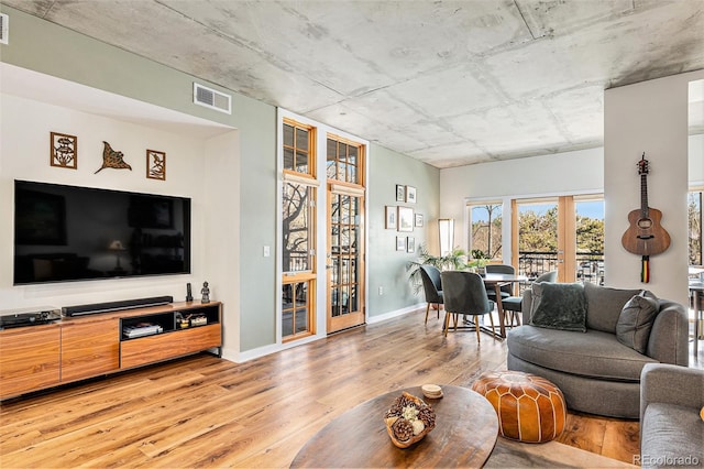 living room with hardwood / wood-style flooring and french doors