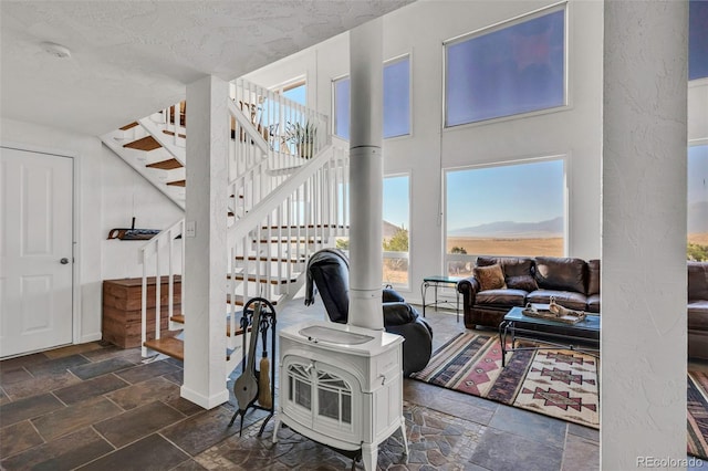 living room featuring a textured ceiling