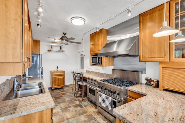 kitchen with light stone counters, stainless steel appliances, ventilation hood, sink, and pendant lighting