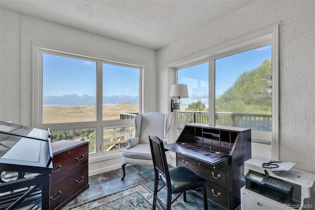 office space featuring a mountain view and a textured ceiling