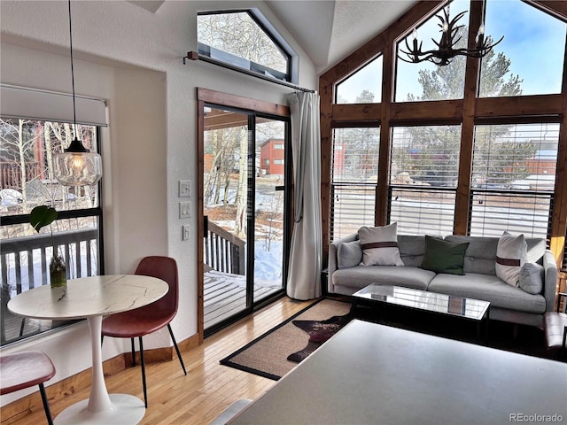 living room featuring light hardwood / wood-style floors and high vaulted ceiling