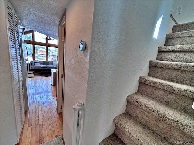 stairs with hardwood / wood-style flooring and a textured ceiling