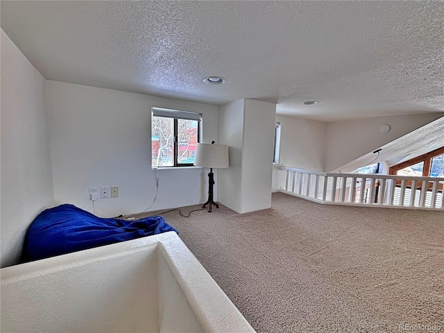 interior space featuring a textured ceiling and carpet floors