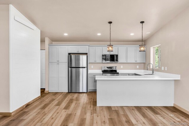388 14th Trl, Cotopaxi, CO 81223 - kitchen with stainless steel appliances, a sink, light countertops, a peninsula, and light wood-style flooring