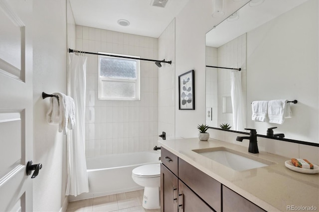 bathroom featuring vanity, shower / bath combination with curtain, and toilet