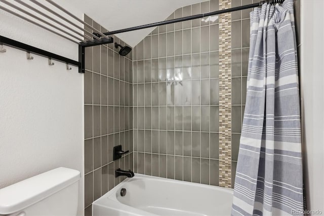 full bathroom with toilet and shower / bathtub combination with curtain