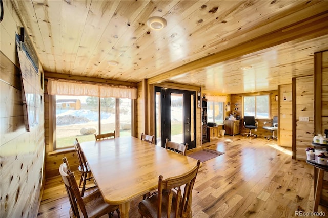 dining space with light wood-type flooring, wooden ceiling, and wood walls