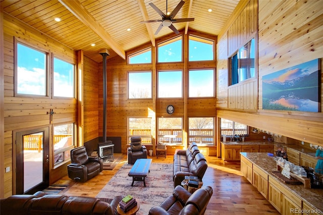 living room featuring light wood-type flooring, a wood stove, wood ceiling, and wood walls