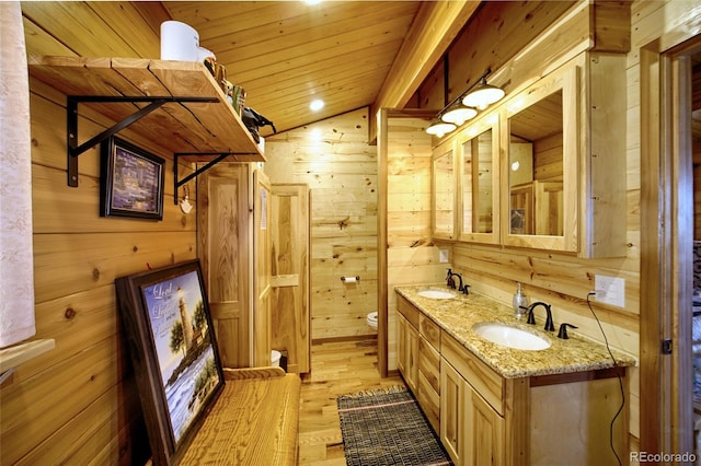 bathroom featuring wood ceiling, vaulted ceiling, wooden walls, hardwood / wood-style floors, and toilet