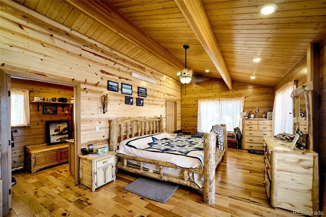 bedroom featuring light hardwood / wood-style floors, wood ceiling, and multiple windows