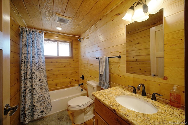 full bathroom with wooden ceiling, toilet, wooden walls, shower / bath combo with shower curtain, and vanity