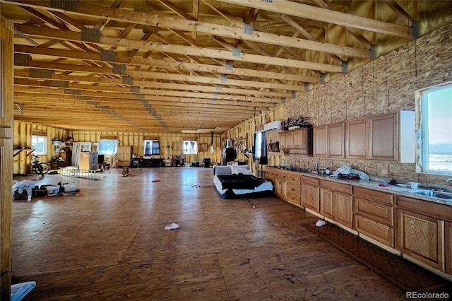 miscellaneous room featuring sink and high vaulted ceiling