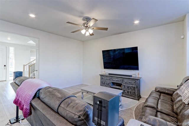 9448 Richfield St, Commerce City, CO 80022 - living room with ceiling fan, light wood-style floors, recessed lighting, and baseboards