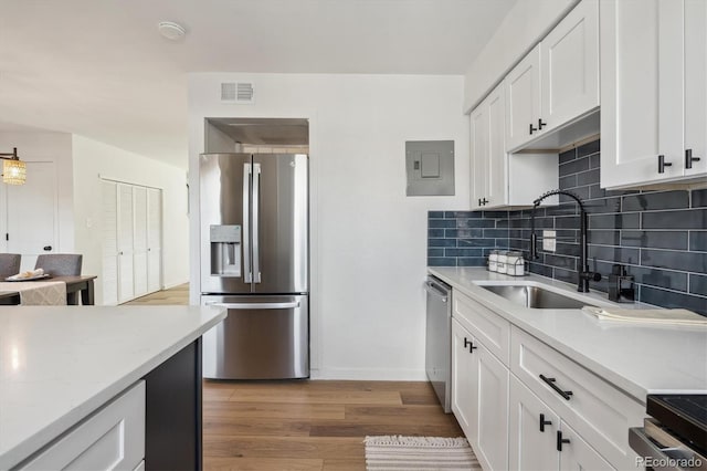 3855 S Monaco St Unit 182, Denver, CO 80237 - kitchen with appliances with stainless steel finishes, a sink, electric panel, backsplash, and white cabinetry