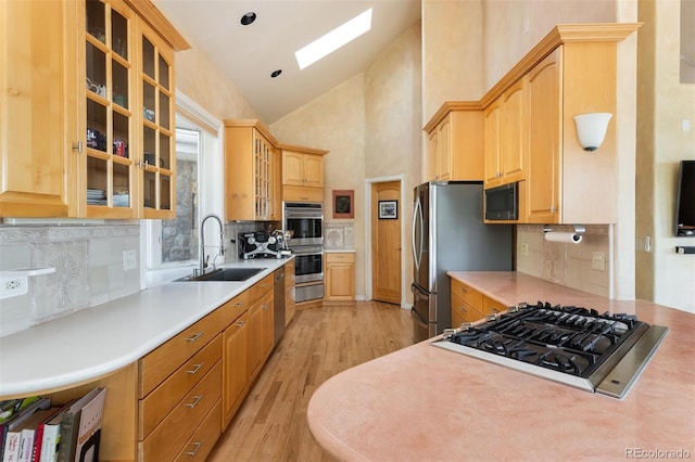 1426 Rembrandt Rd, Boulder, CO 80302 - kitchen featuring appliances with stainless steel finishes, a sink, a skylight, high vaulted ceiling, and light wood finished floors