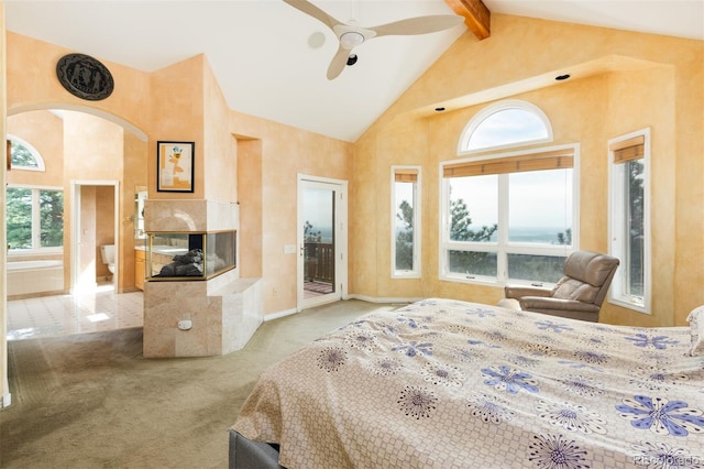 1426 Rembrandt Rd, Boulder, CO 80302 - bedroom with high vaulted ceiling, multiple windows, carpet floors, access to outside, and beamed ceiling